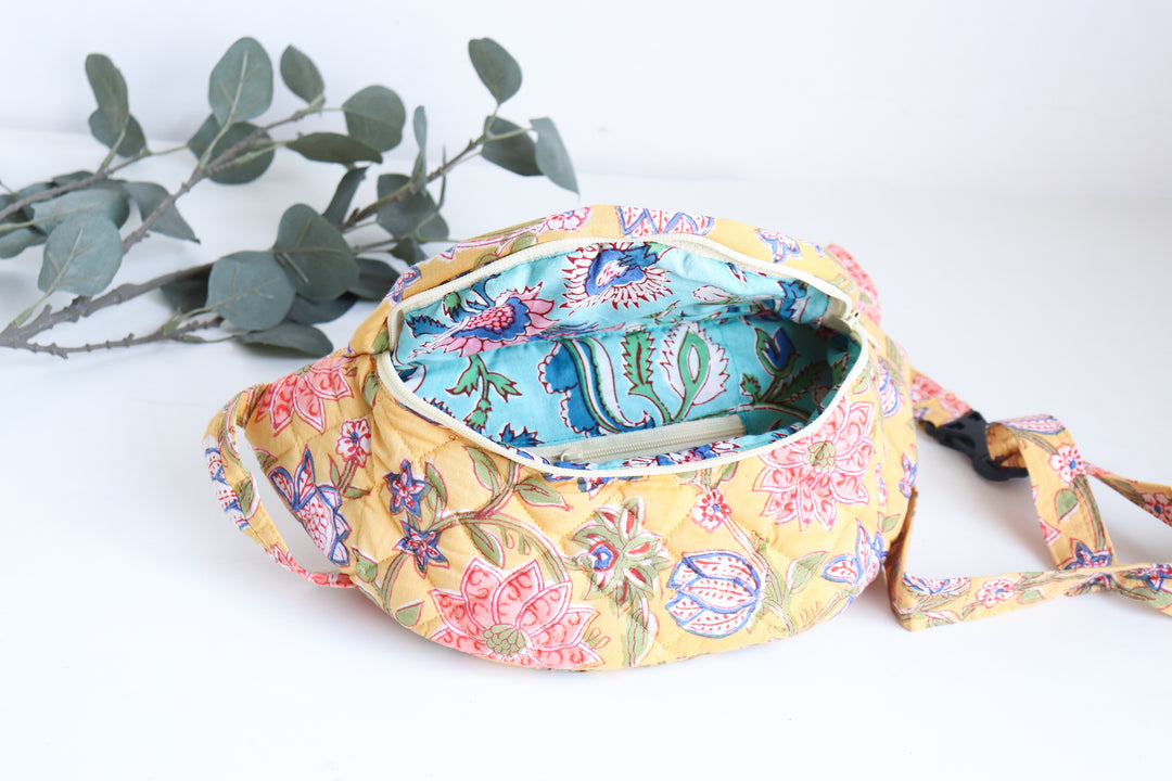 Block print belt bags - Fanny pack unisex - Yellow Floral