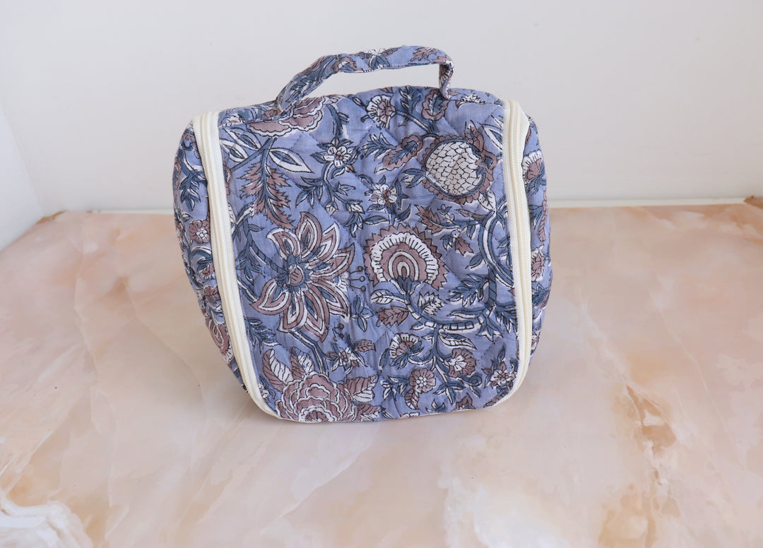 Block print Hanging travel Bags - Travel cosmetics kit - Dusty blue floral