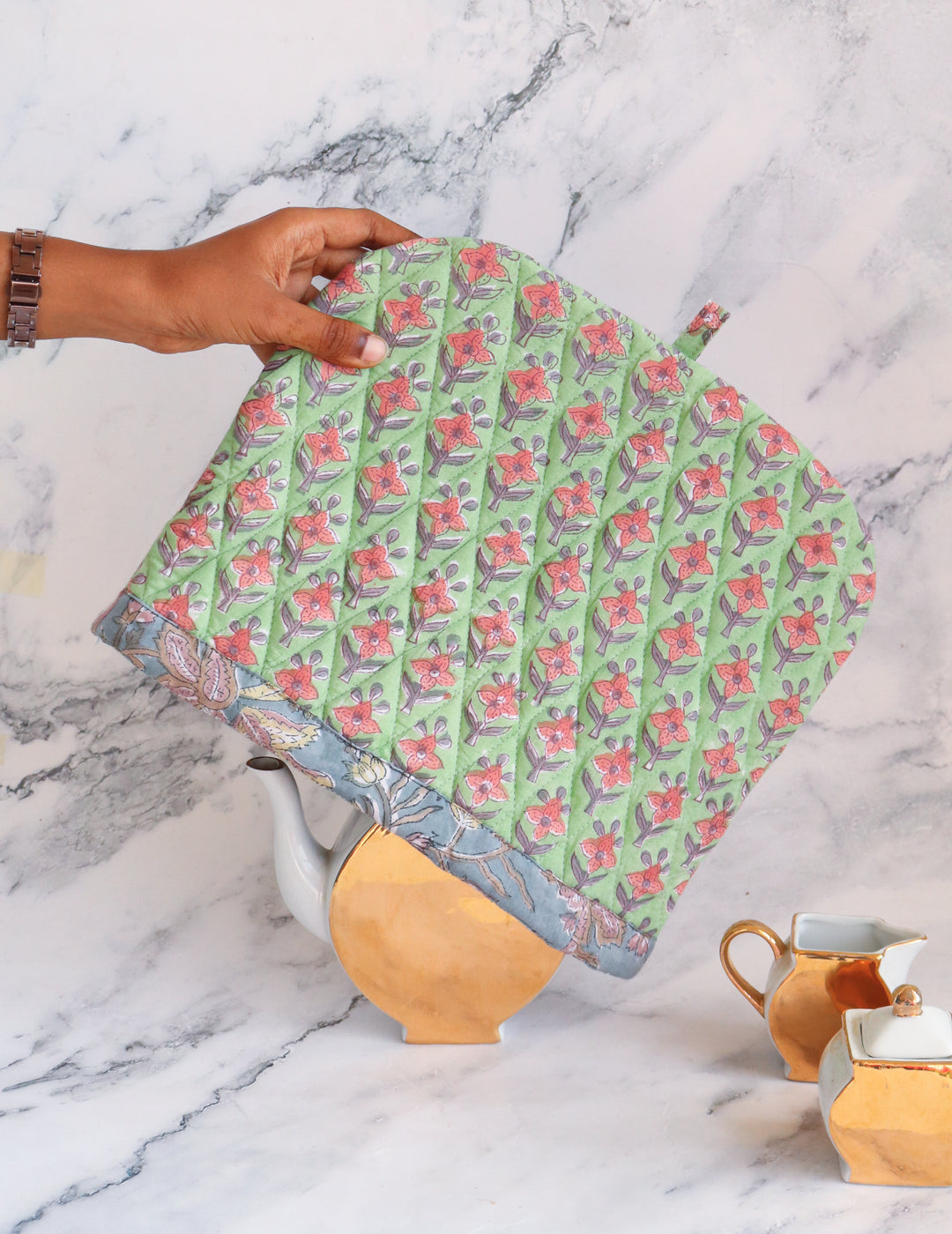 Block Print Tea Cosy - Quilted tea pot covers - Light Green