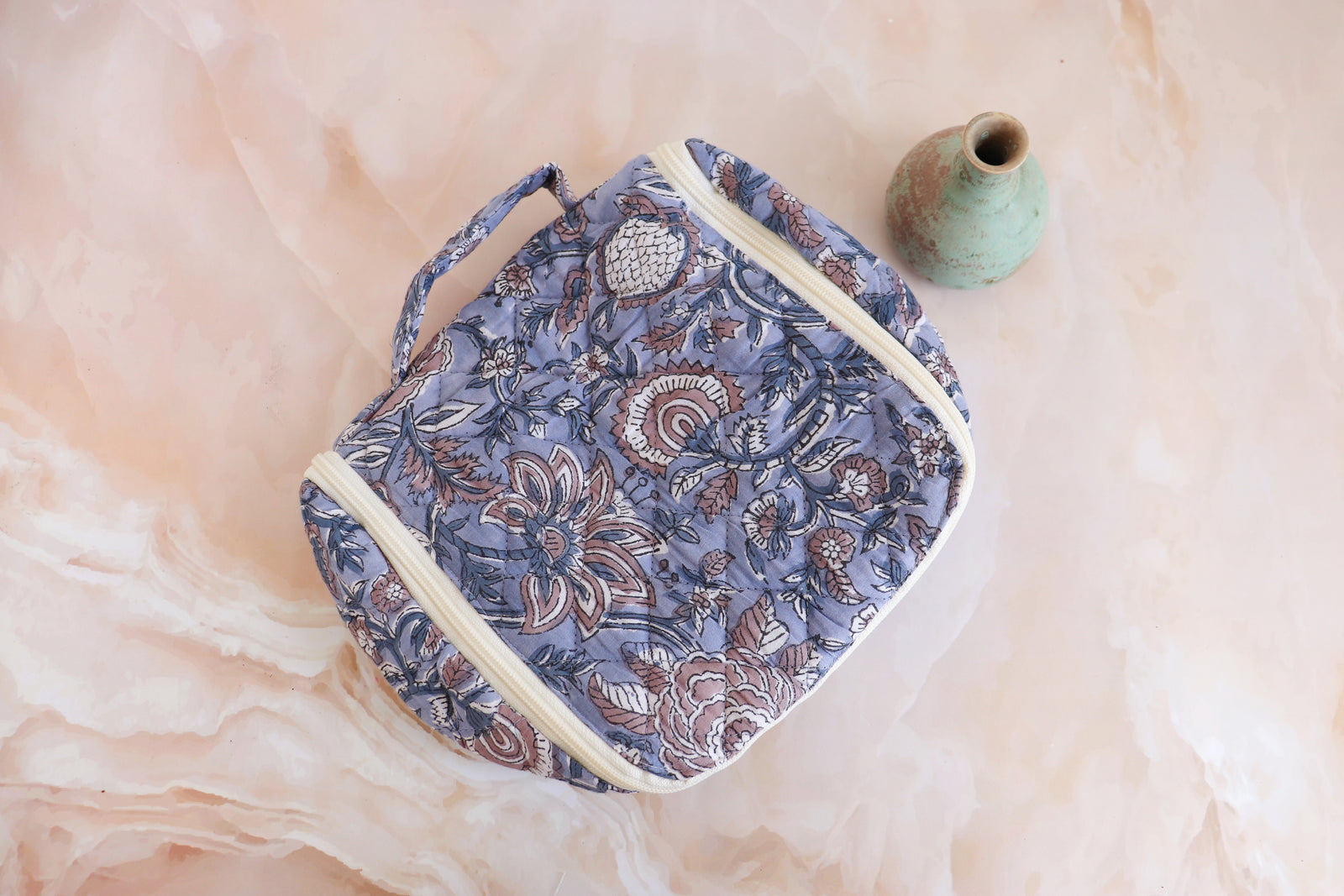 Dusty blue floral block print hanging travel toiletry bag with hook, handmade cotton by Kari by Kriti
