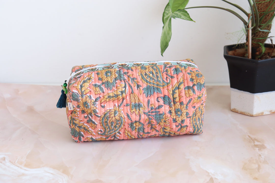 Large Cosmetic bag - Travel Make up bag - Orange green