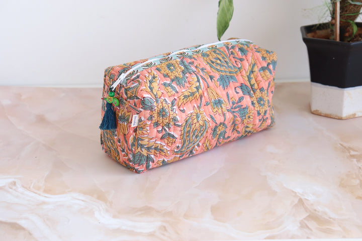Large Cosmetic bag - Travel Make up bag - Orange green