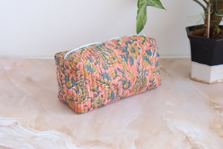 Large Cosmetic bag - Travel Make up bag - Orange green