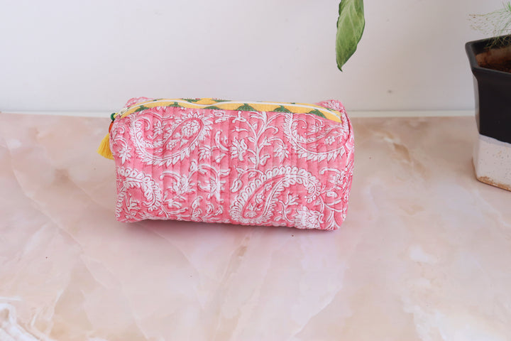Medium Cosmetic bag - Makeup bag - Block print fabric travel pouch-  Pink Paisley