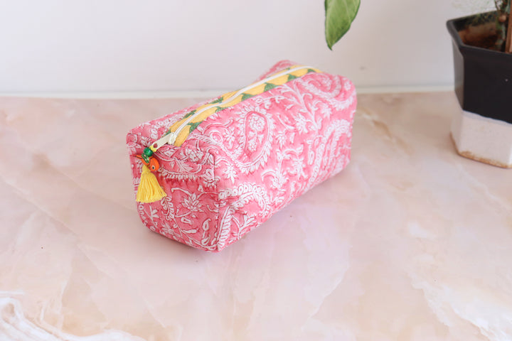Medium Cosmetic bag - Makeup bag - Block print fabric travel pouch-  Pink Paisley