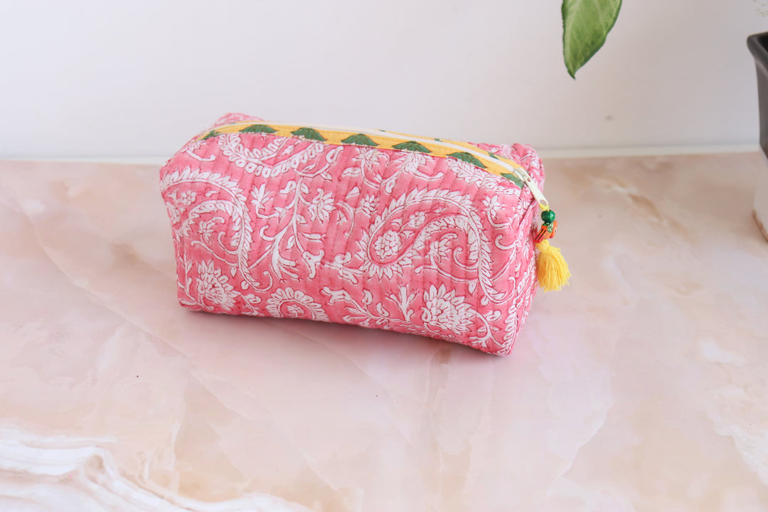 Medium Cosmetic bag - Makeup bag - Block print fabric travel pouch-  Pink Paisley
