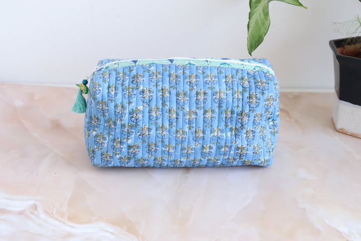 Large Cosmetic bag - Travel Make up bag - Light blue ditsy