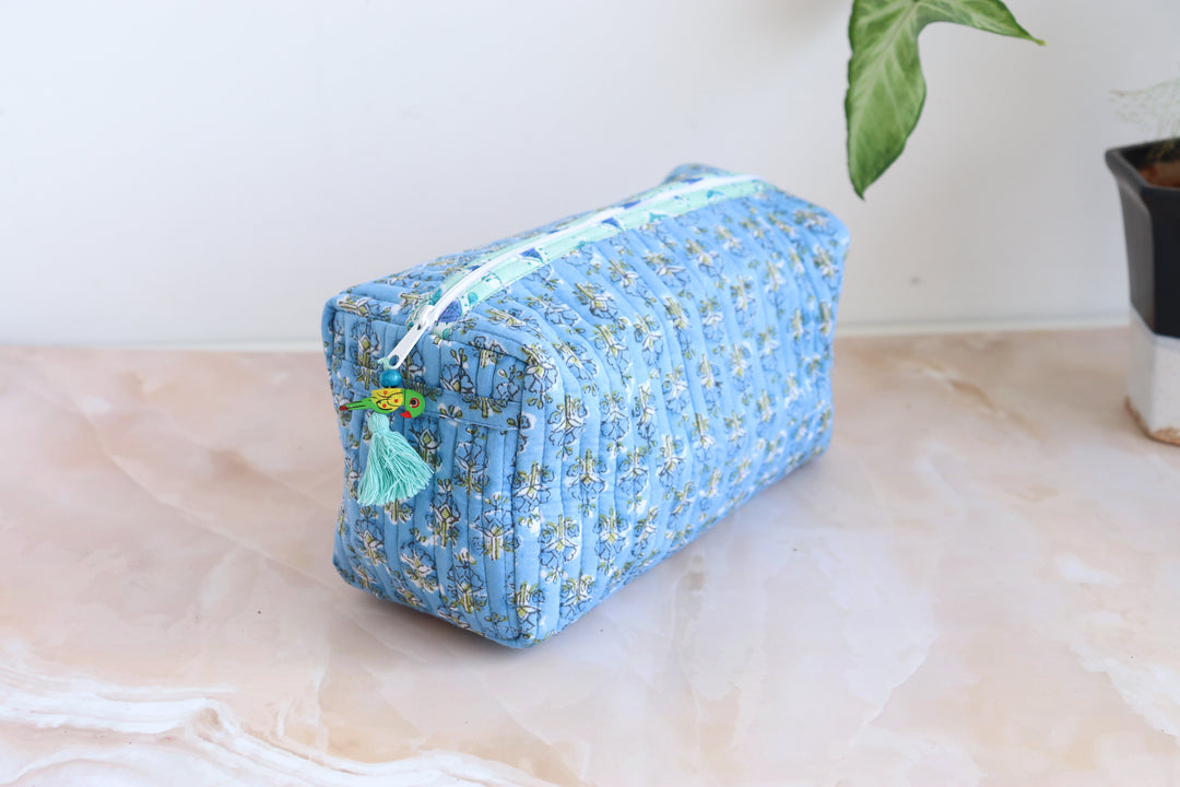 Large Cosmetic bag - Travel Make up bag - Light blue ditsy