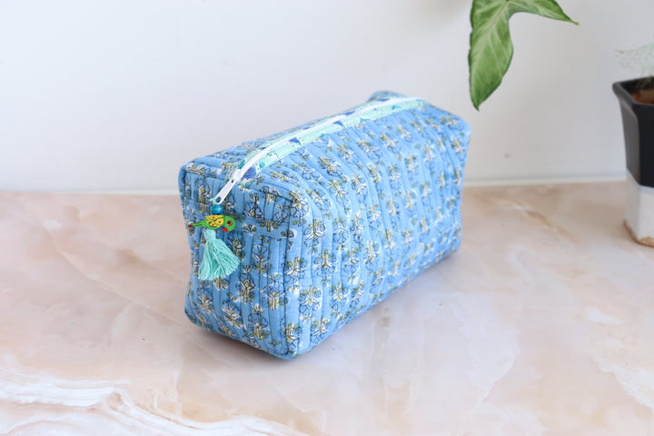Large Cosmetic bag - Travel Make up bag - Light blue ditsy
