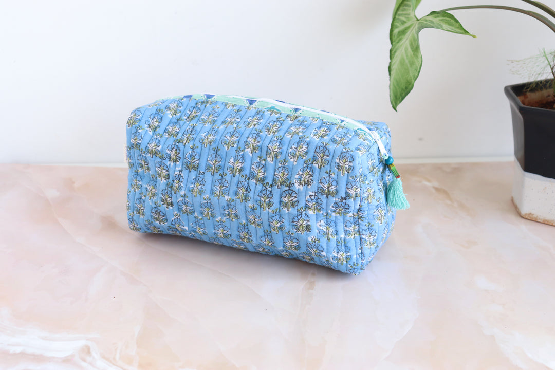 Large Cosmetic bag - Travel Make up bag - Light blue ditsy