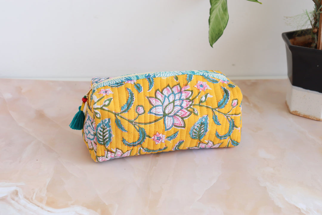 Medium Cosmetic bag - Makeup bag - Block print fabric travel pouch-  Yellow vines