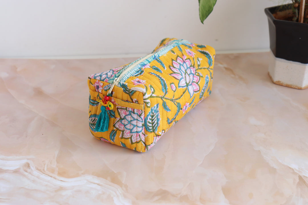 Medium Cosmetic bag - Makeup bag - Block print fabric travel pouch-  Yellow vines