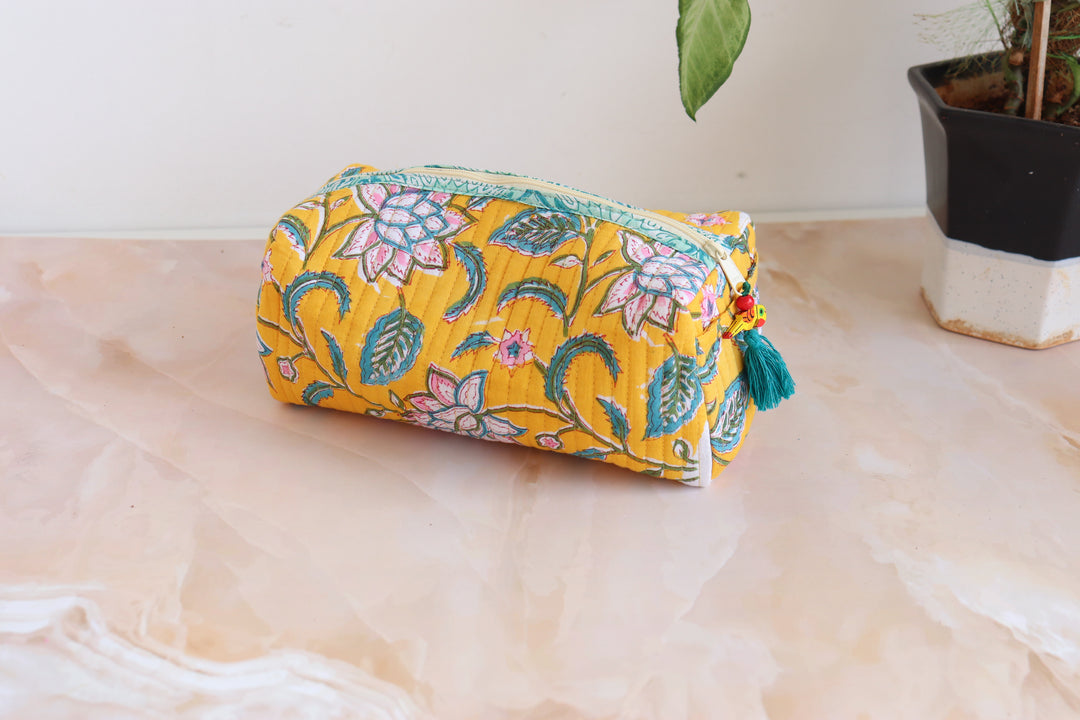 Medium Cosmetic bag - Makeup bag - Block print fabric travel pouch-  Yellow vines