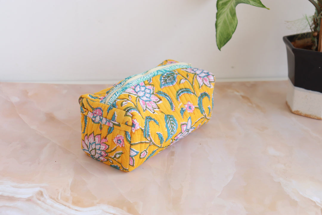 Medium Cosmetic bag - Makeup bag - Block print fabric travel pouch-  Yellow vines