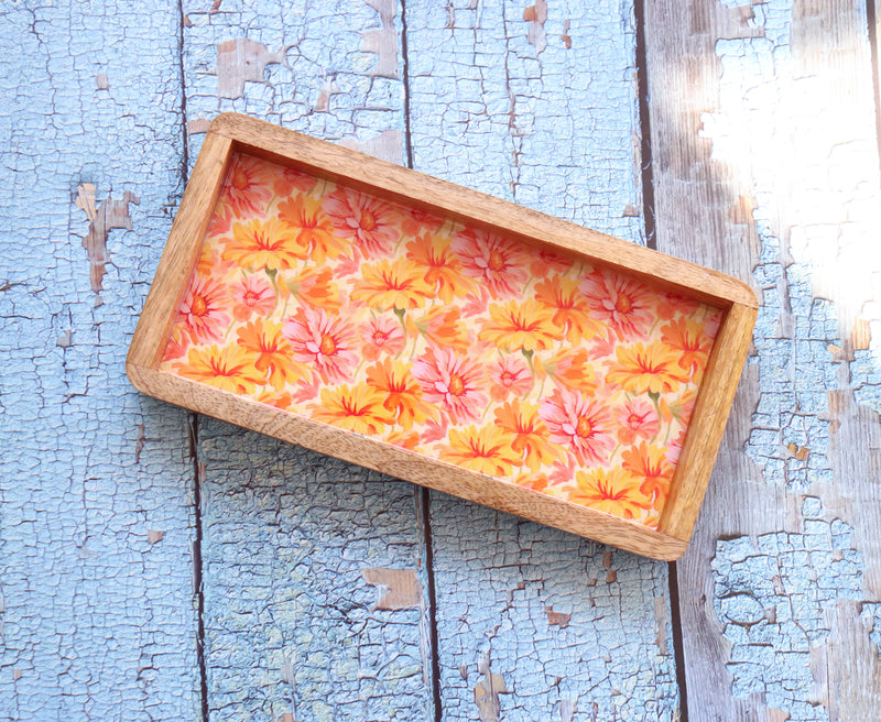Trays for gifting - Mango wood printed trays - Enamel printed trays - Orange floral