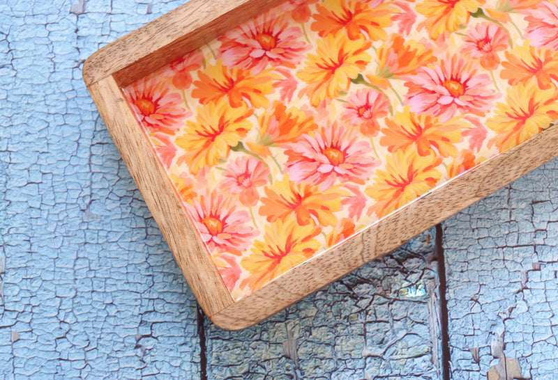 Trays for gifting - Mango wood printed trays - Enamel printed trays - Orange floral
