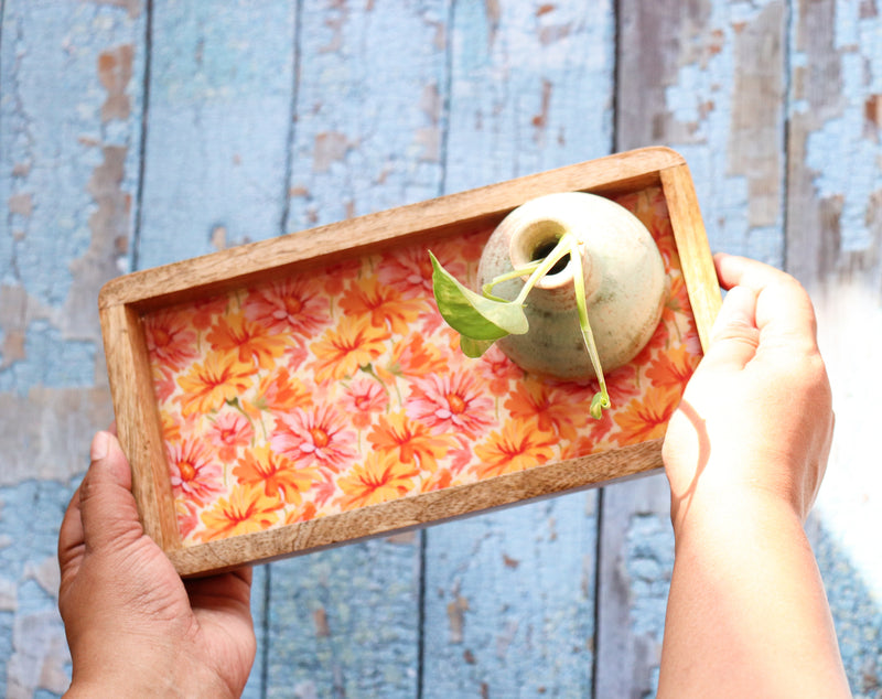 Trays for gifting - Mango wood printed trays - Enamel printed trays - Orange floral