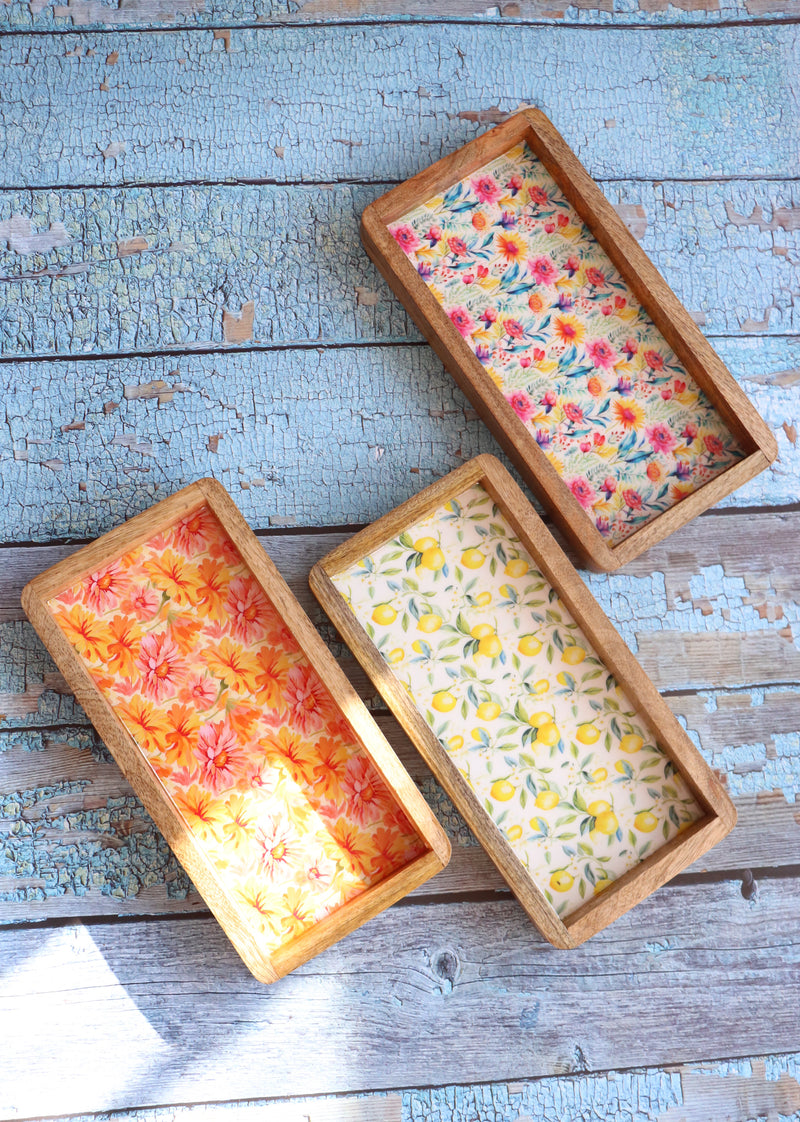 Trays for gifting - Mango wood printed trays - Enamel printed trays - Set of 3