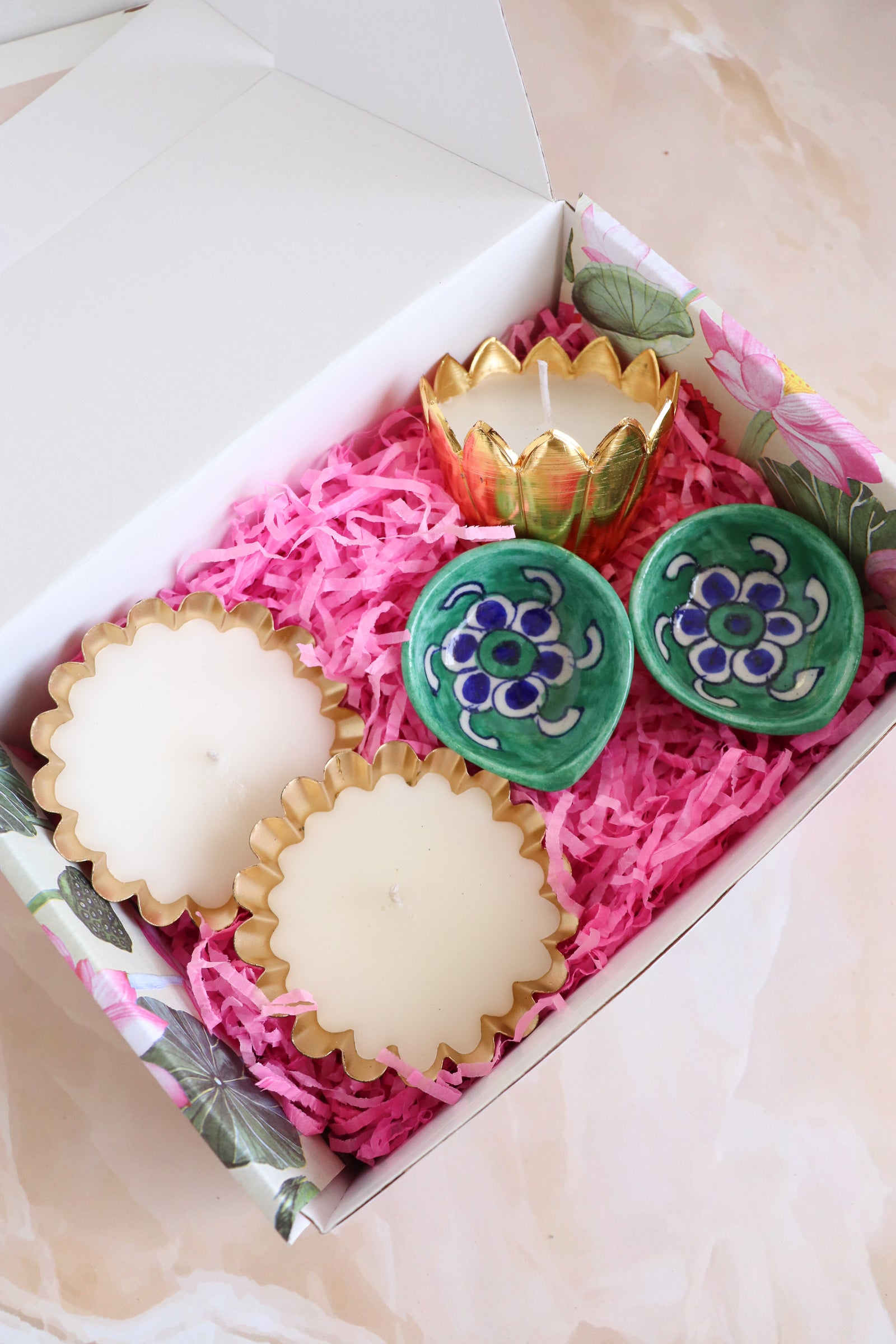 Lily artisanal lights Diwali gift box with handmade festive accessories by Kari by Kriti
