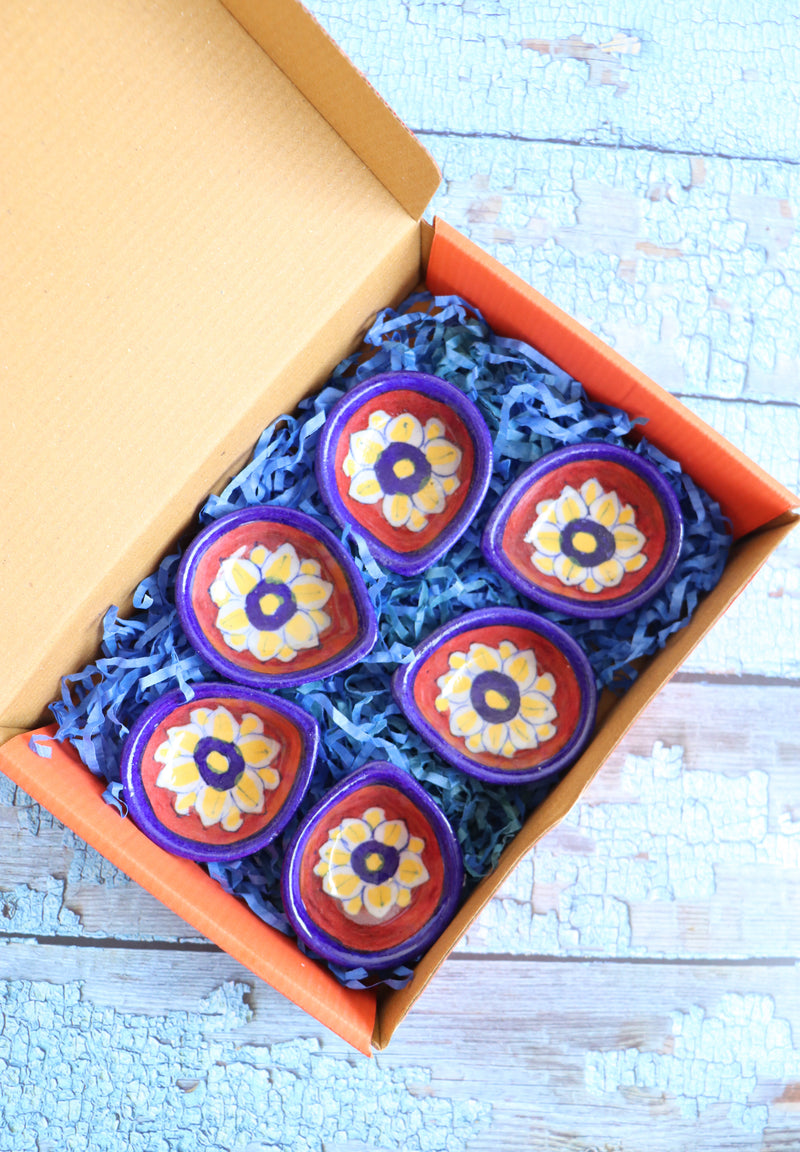 Blue pottery ceramic diyas - Set of 6 in a Diwali gift box - 2 colours available