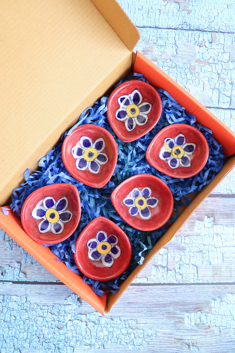 Blue pottery ceramic diyas - Set of 6 in a Diwali gift box - 2 colours available