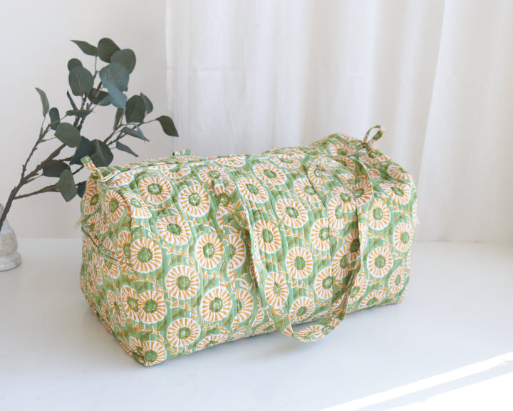 Block print weekender bag - Boho quilted bags - overnight bag - gym bag - Green