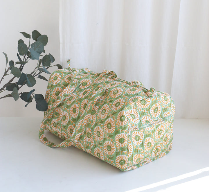 Block print weekender bag - Boho quilted bags - overnight bag - gym bag - Green