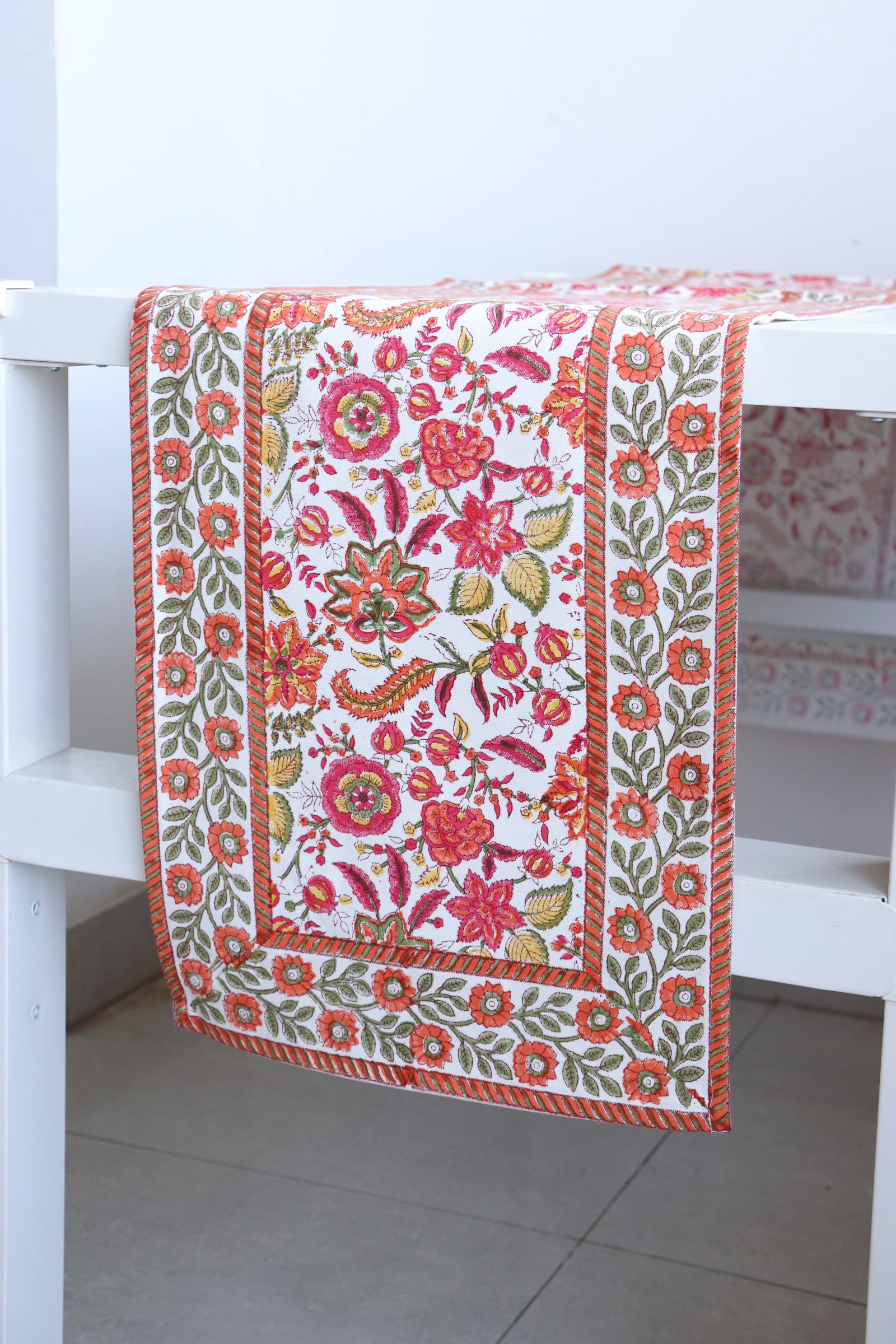 Orange blossom block print cotton table runner, 14x72 inches, handmade by Kari by Kriti
