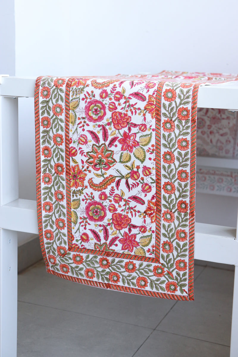 Orange Blossom table runner - Block print cotton table runner - 14x80 inches