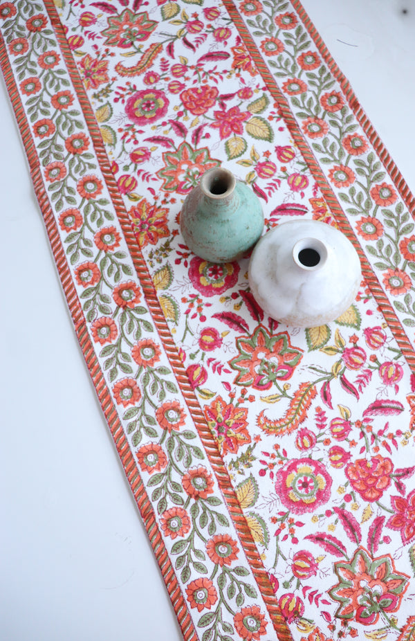 Orange blossom block print cotton table runner, 14x72 inches, handmade by Kari by Kriti

