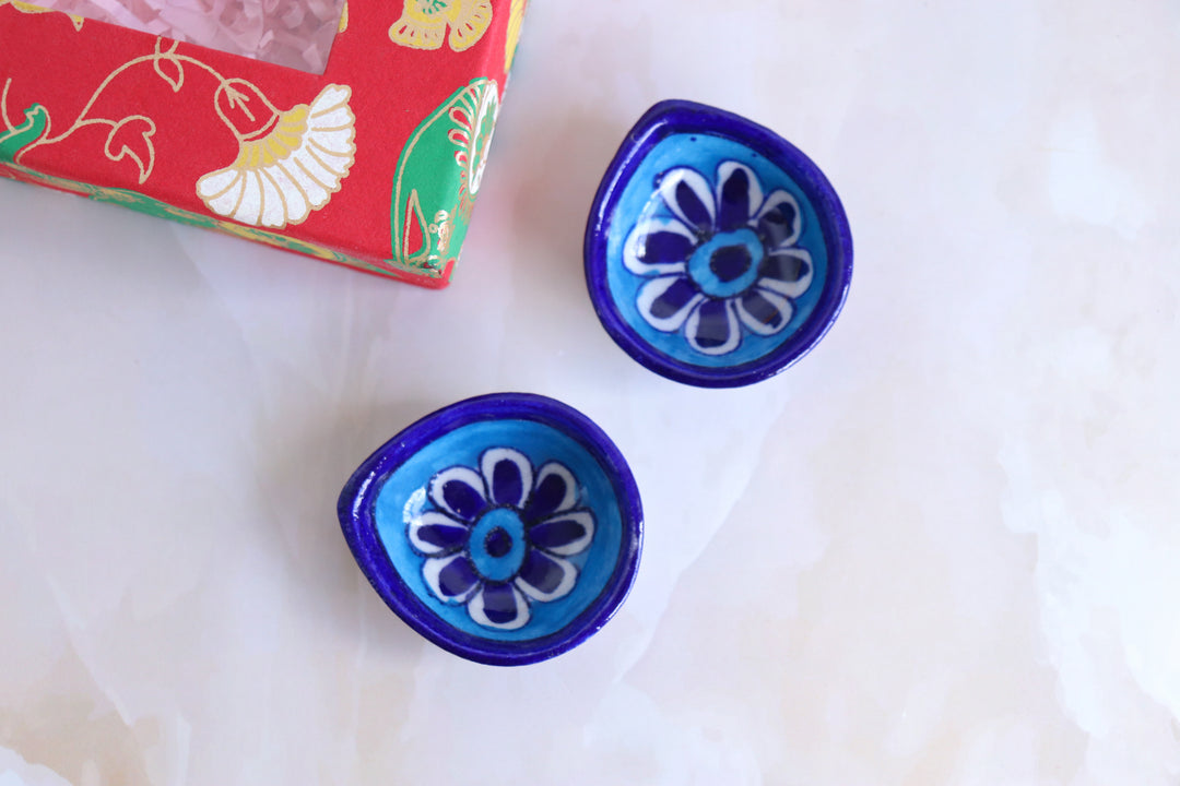 Blue Pottery Diyas in a gift box - Deepawali gift box - Ira