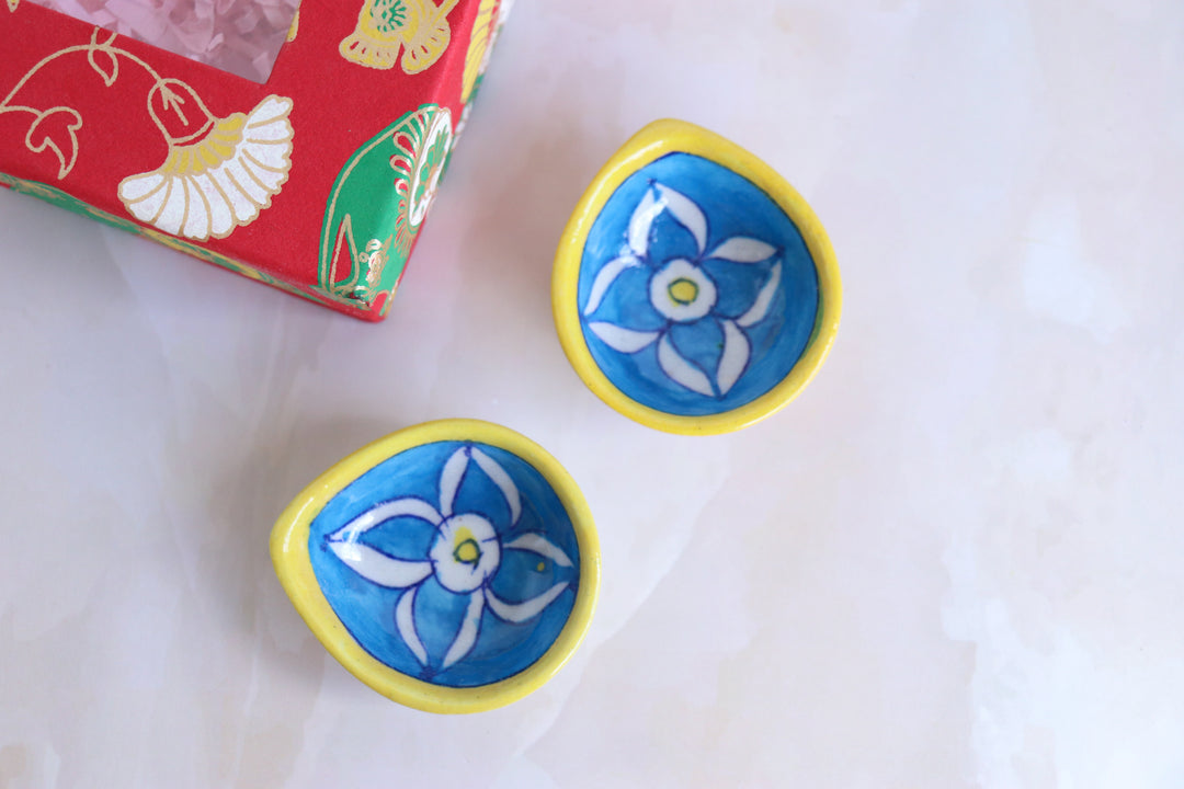 Blue Pottery Diyas in a gift box - Deepawali gift box - Inaya