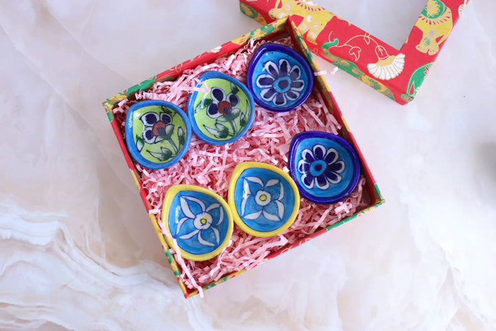 Assorted Blue Pottery Diyas in a gift box - Deepawali gift box - Navya