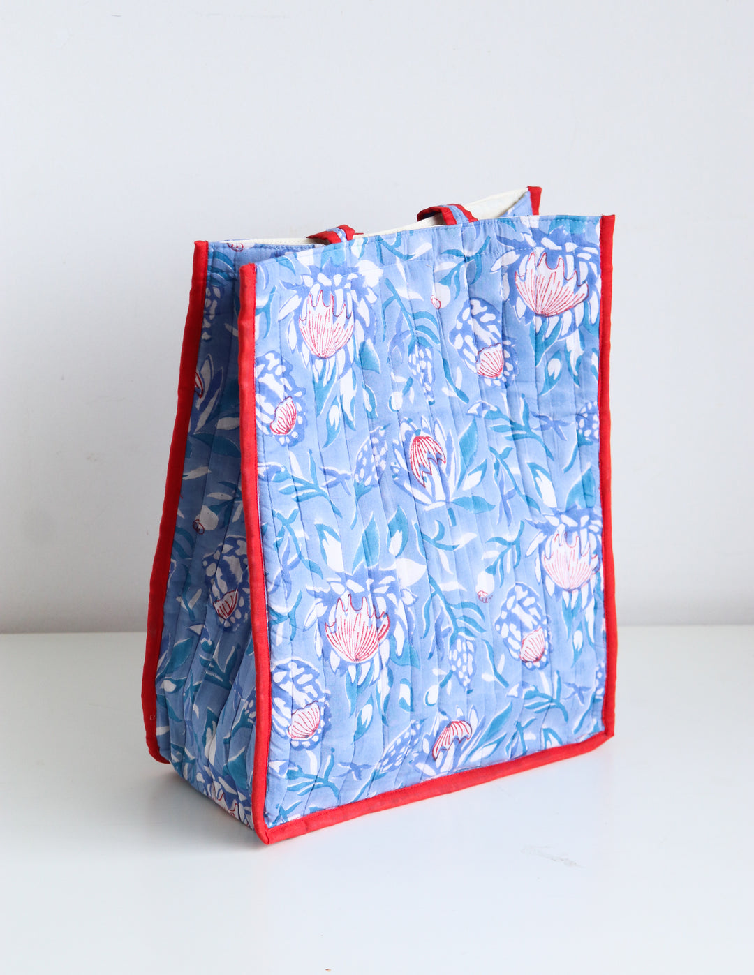 Block print tote bag - Boho quilted shopping bag - Women's handbag - Light Blue