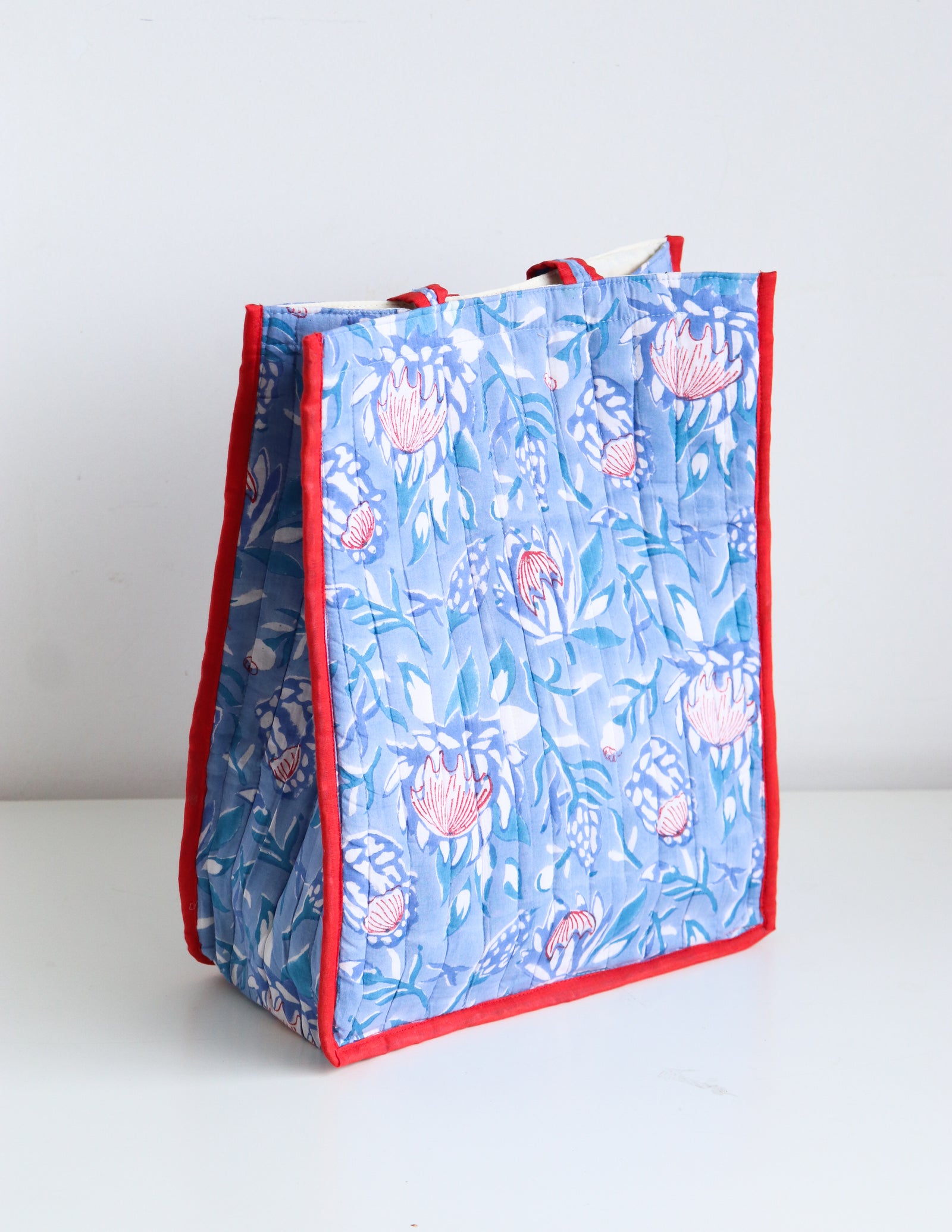 Light blue block print quilted tote bag, everyday cotton shopping bag by Kari by Kriti
