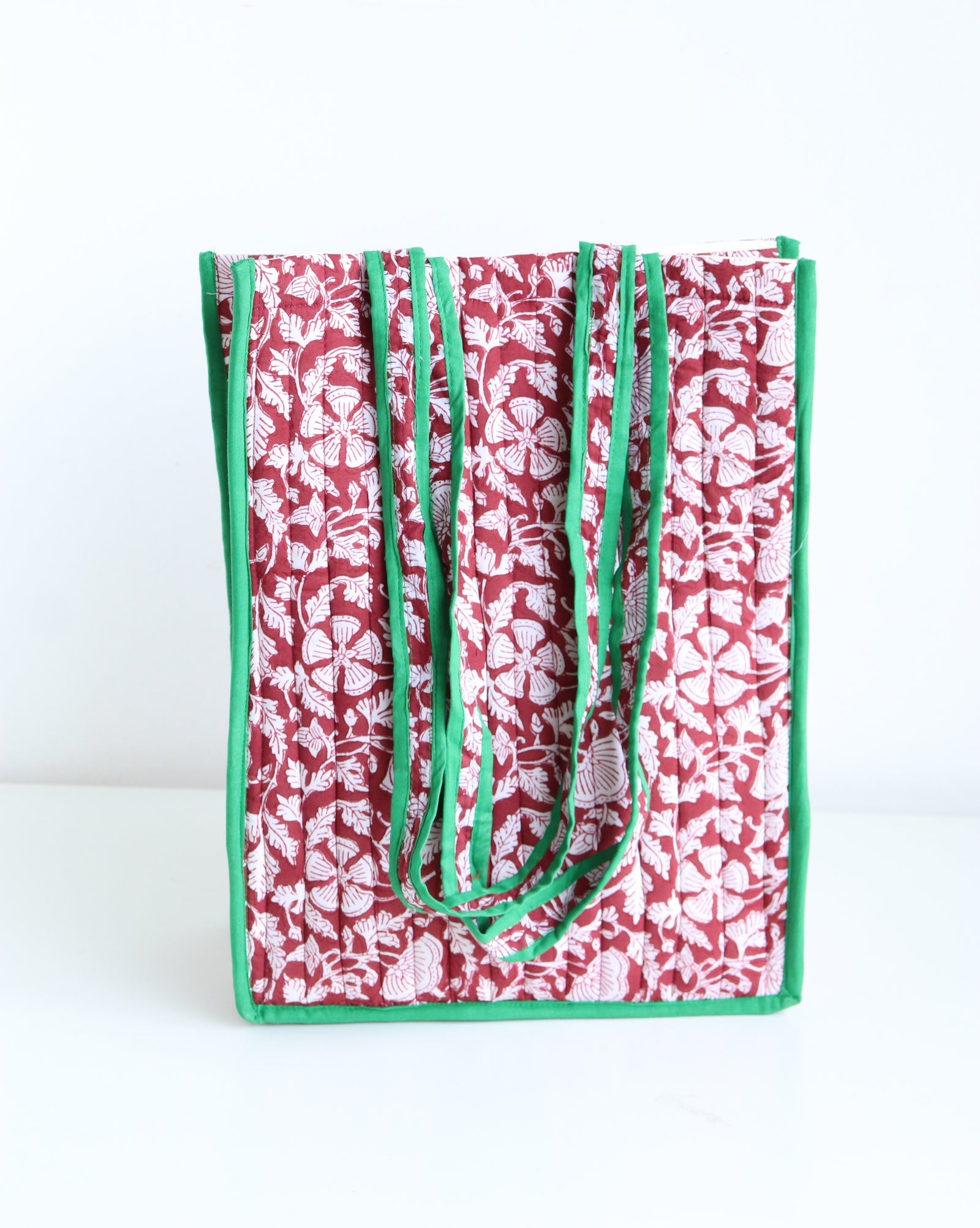 Maroon block print quilted tote bag, reusable cotton shopping bag by Kari by Kriti
