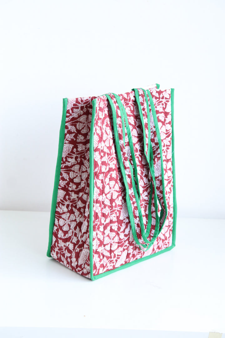 Block print tote bag - Boho quilted Reusable Shopping bag - Maroon