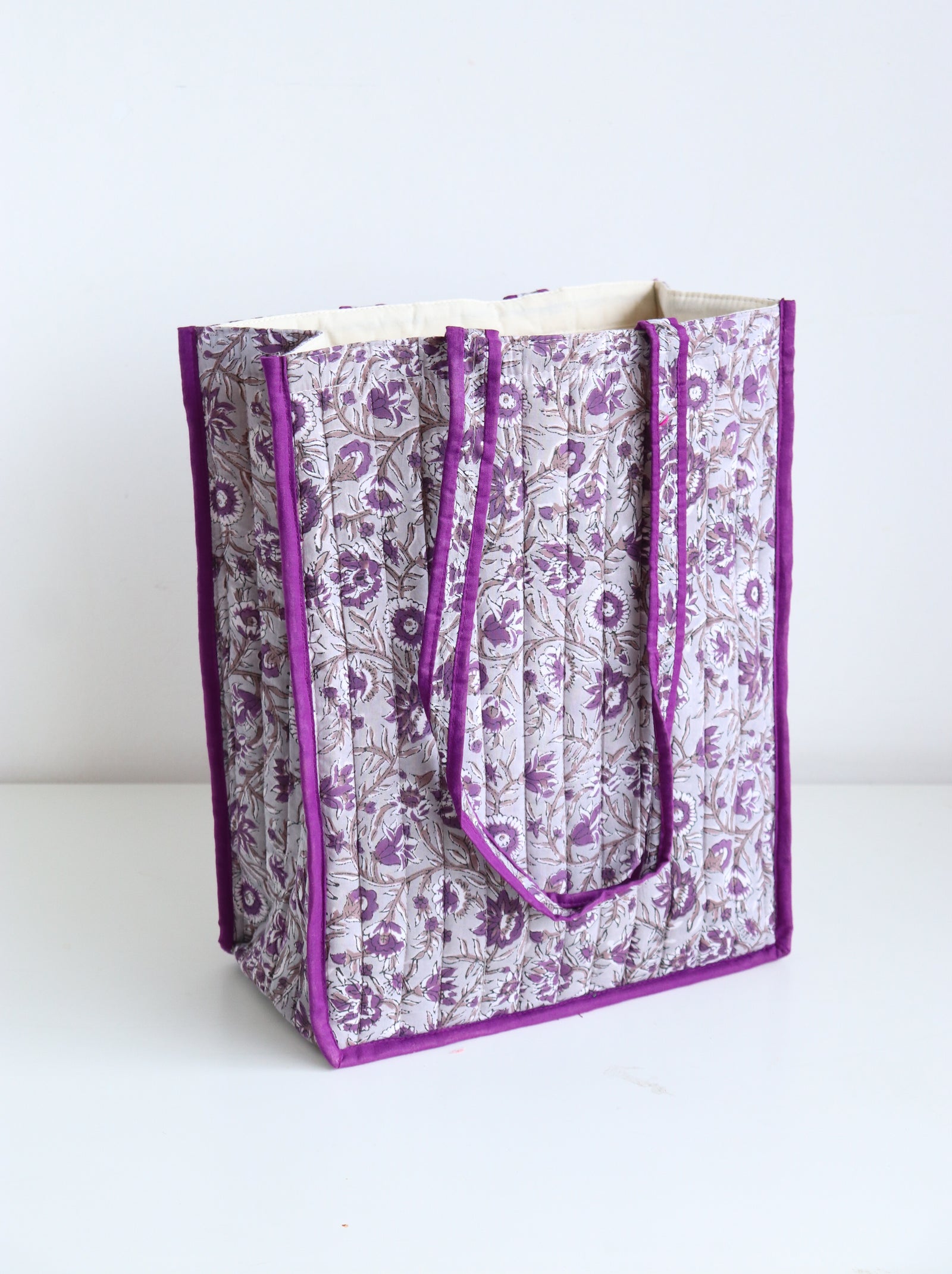 Grey and purple block print quilted tote bag, everyday reusable shopping bag by Kari by Kriti
