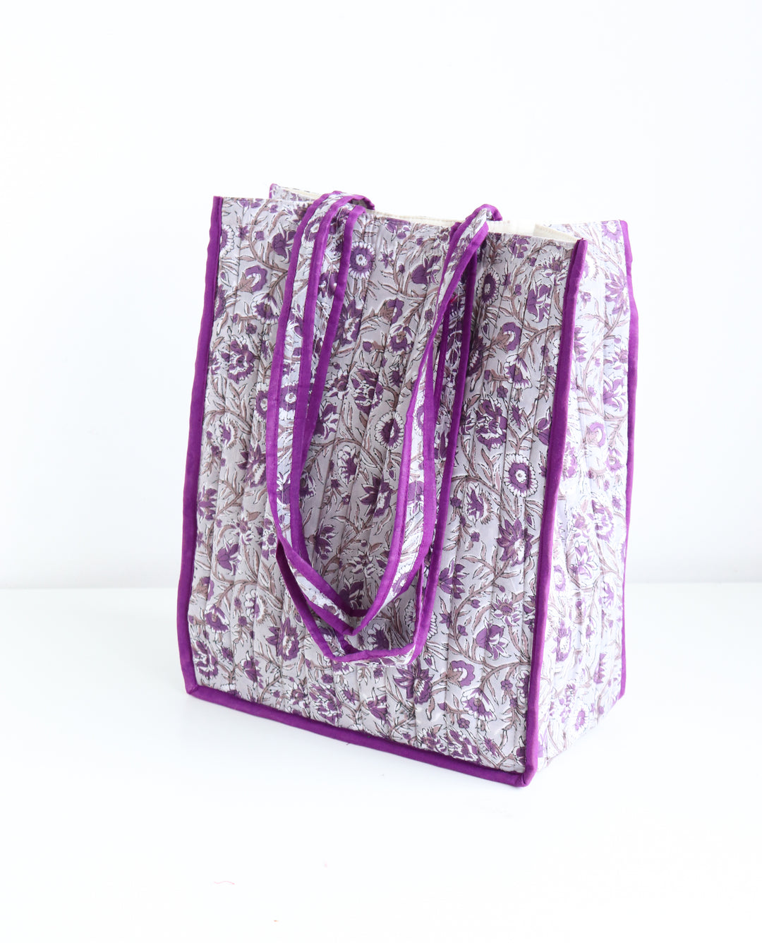 Block print tote bag - Boho quilted shopping bag - Women's handbag - Grey and purple