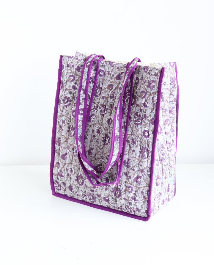 Block print tote bag - Boho quilted shopping bag - Women's handbag - Grey and purple