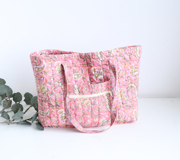 Multi pocket tote bag - Block print women's bags - Everyday Tote bag - Pink