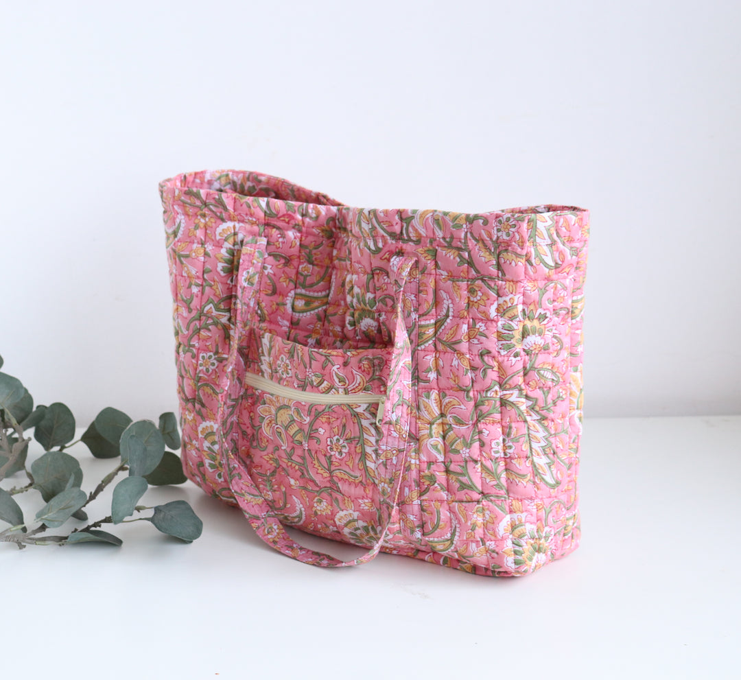 Multi pocket tote bag - Block print women's bags - Everyday Tote bag - Pink
