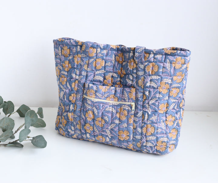 Multi pocket tote bag - Block print women's bags - Everyday Tote bag - Blue