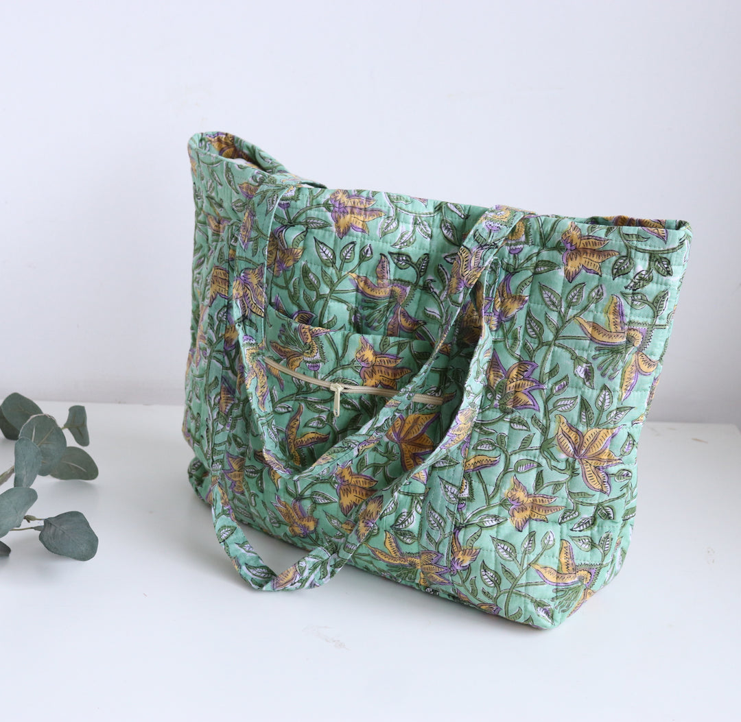 Multi pocket tote bag - Block print women's bags - Everyday Tote bag - Green floral