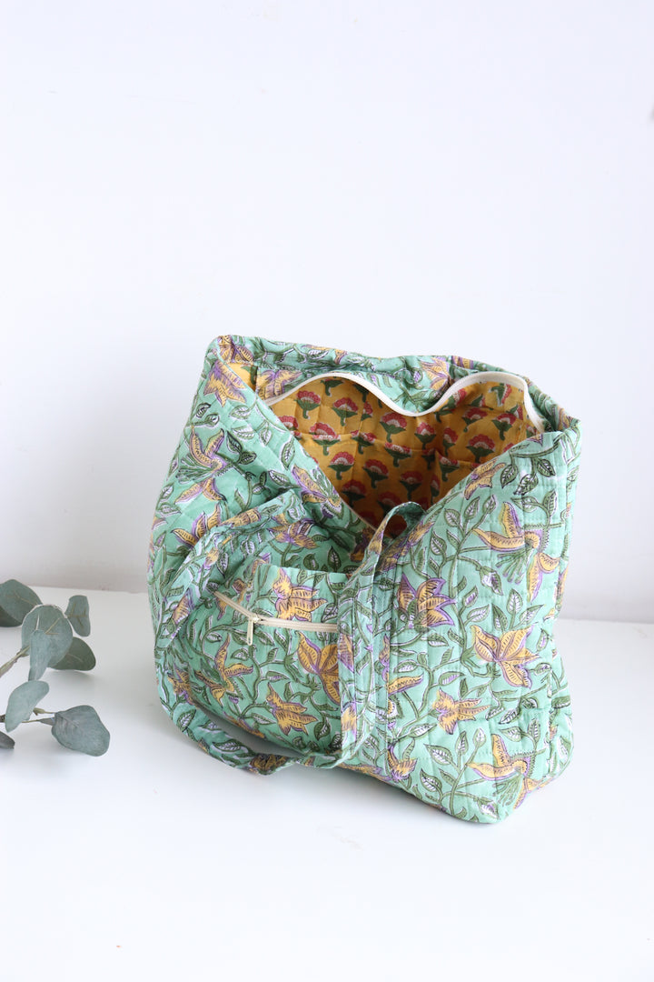 Multi pocket tote bag - Block print women's bags - Everyday Tote bag - Green floral