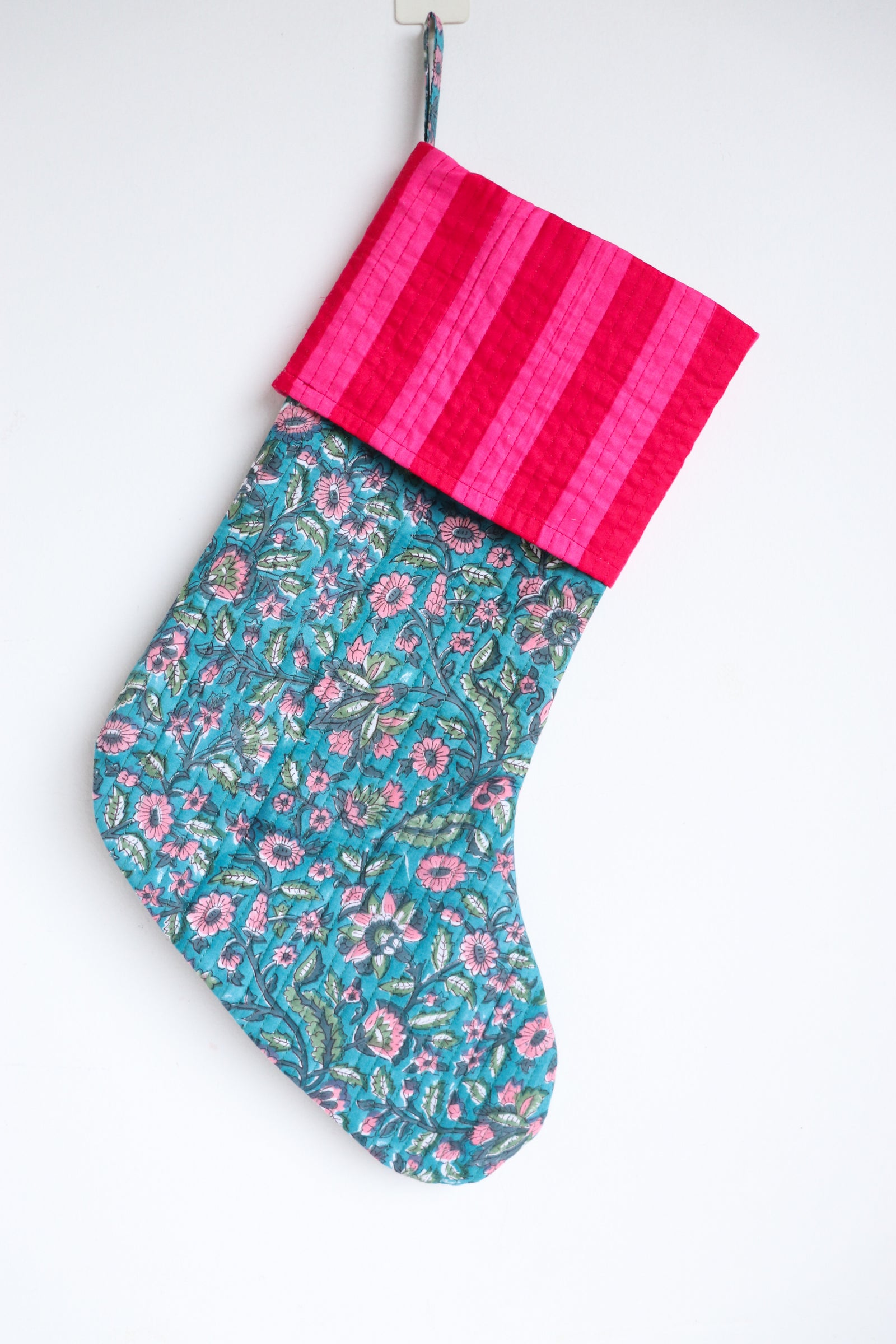Sugar Plum block print quilted Christmas stocking, handmade cotton by Kari by Kriti
