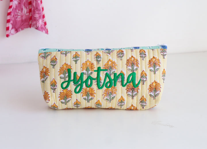 Personalized Block print pencil pouches - Quilted utility pouches with custom names