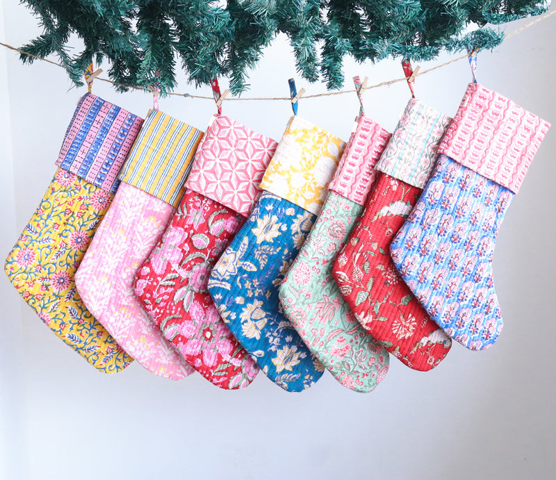 Block print Christmas stockings - Quilted Christmas Decoration - Sugar Plum