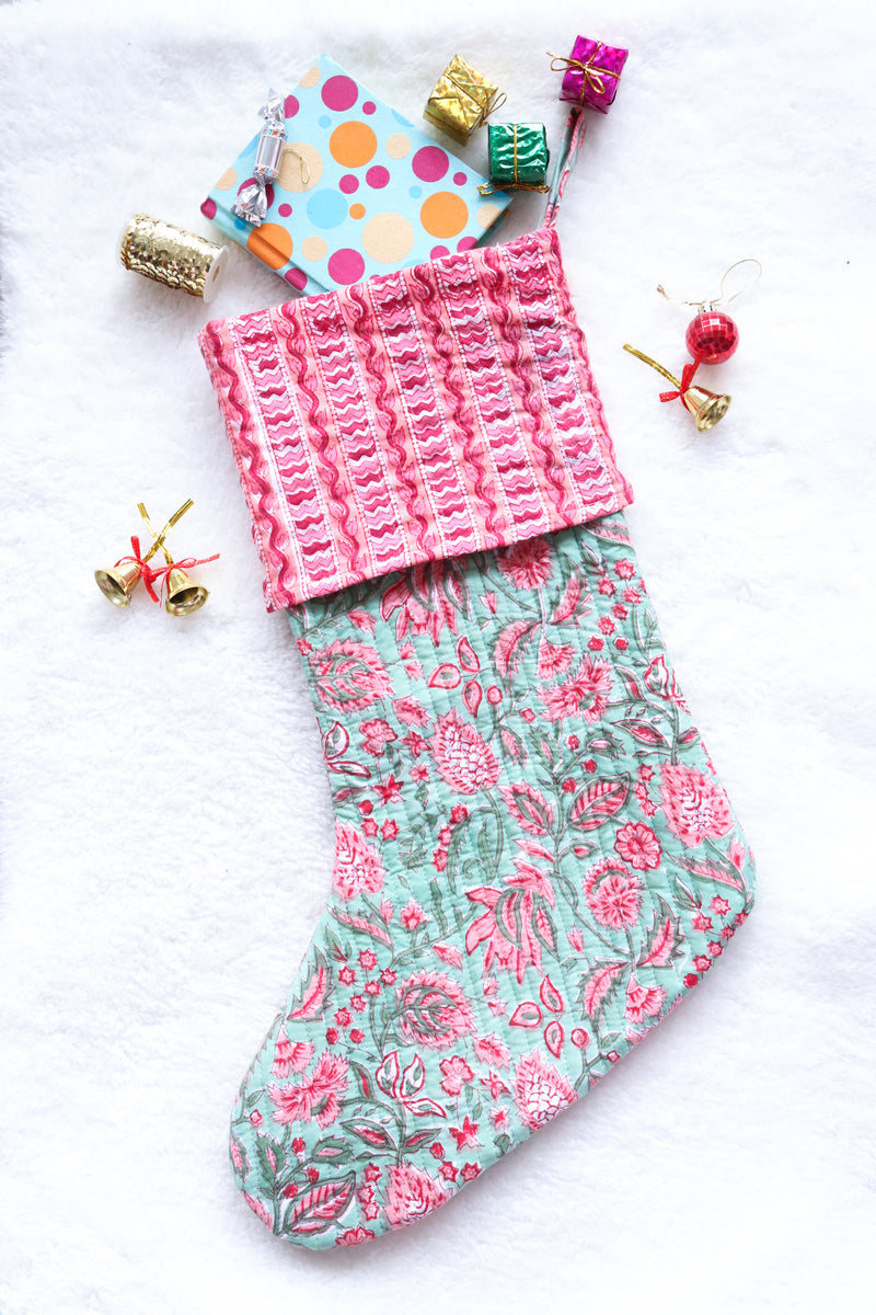 Block print Christmas stockings - Quilted Christmas Decoration - Holly Berry