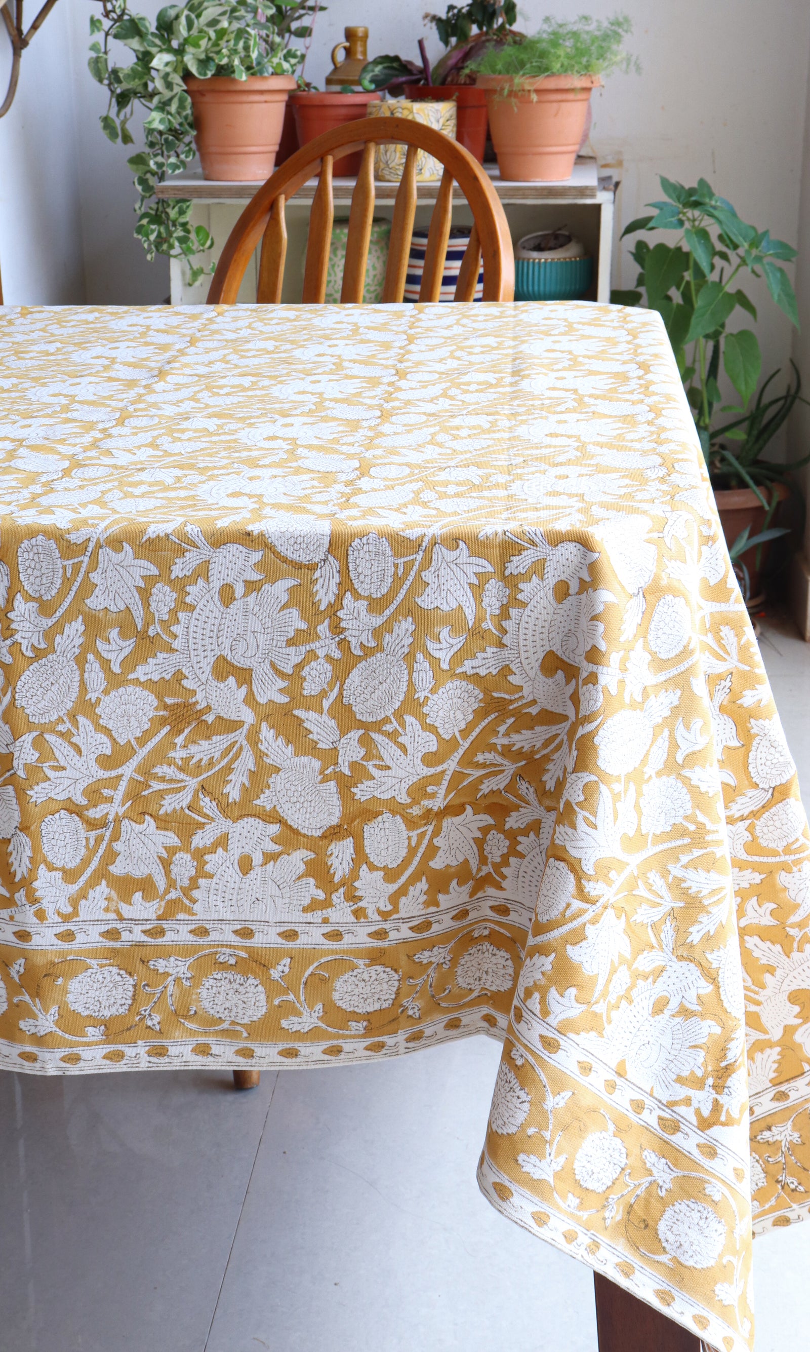 Spice Route yellow block print tablecloth, 6 seater, 60x90 inches, handmade cotton by Kari by Kriti
